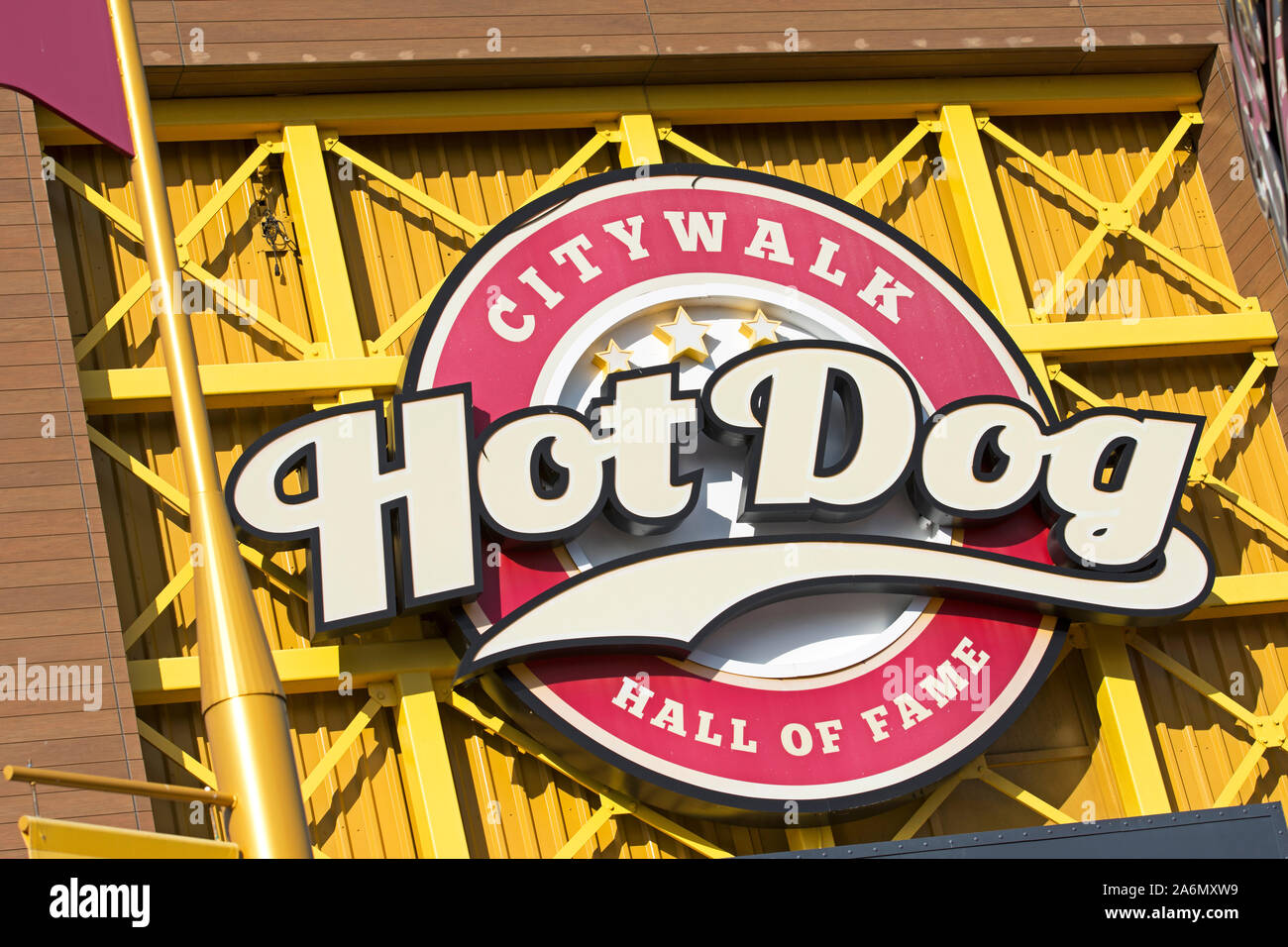 CityWalk Hot Dog Hall of Fame segno, Baseball themed Eatery, ristorante, CityWalk, Universal Studios, Orlando, STATI UNITI D'AMERICA Foto Stock