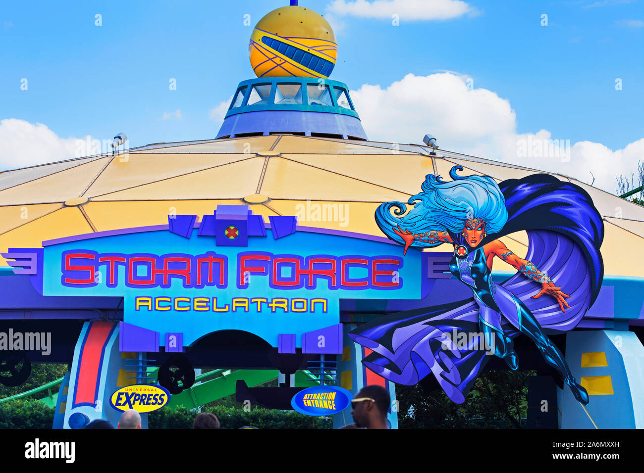 Storm Force Accelatron, Teacups Ride segno sopra l'entrata a Islands of Adventure, Universal Studios, Orlando, Florida, Stati Uniti d'America Foto Stock