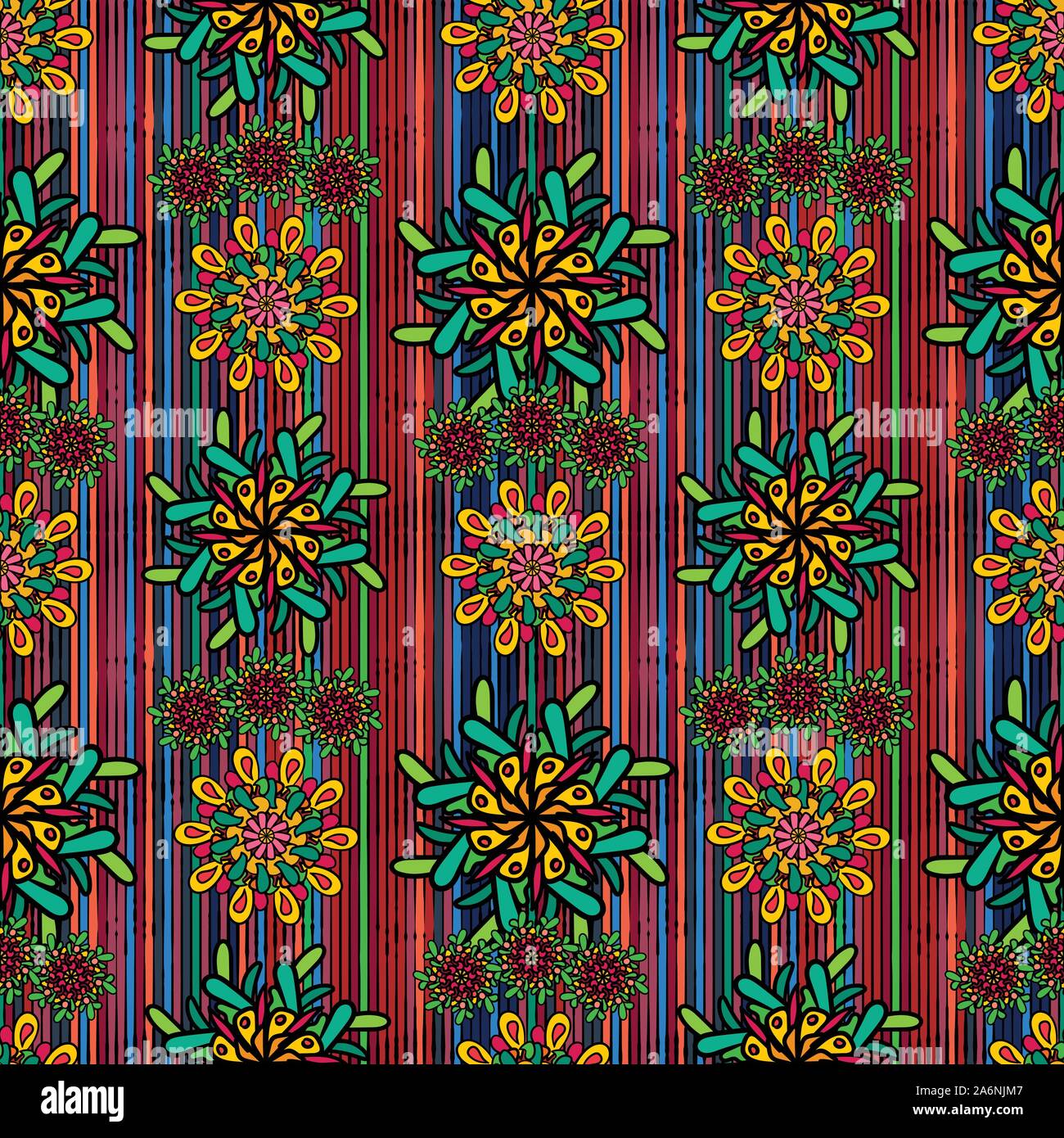 Modello senza cuciture con luminosi colorati mandala disegnati fiori Illustrazione Vettoriale