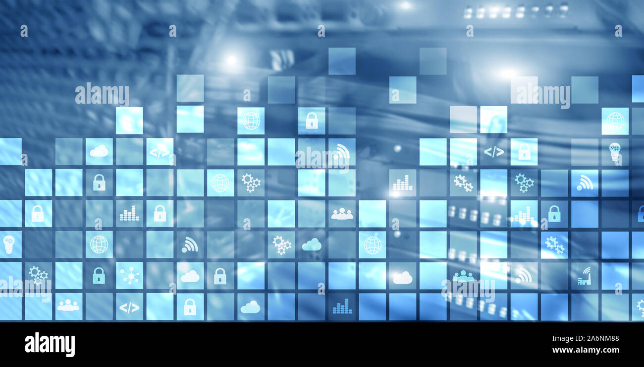 Abstract digitali pixel di sfondo icone sfocate moderna sala server. La tecnologia di telecomunicazione internet Iot di cosa concetto. Foto Stock