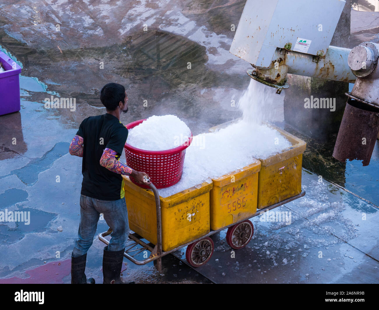Kuala Perlis, Malesia - 27 Ottobre 2019: un lavoratore è in attesa di attesa per il ghiaccio tritato alla macchina del ghiaccio.Il ghiaccio saranno utilizzate per la memorizzazione di pesci Foto Stock