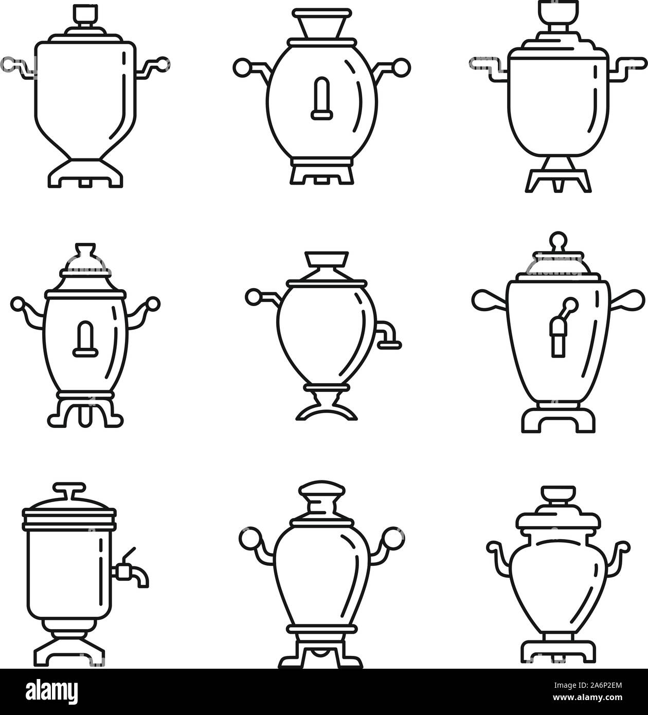 Samovar russo set di icone. Set di contorno di russo samovar icone vettoriali per il web design isolato su sfondo bianco Illustrazione Vettoriale
