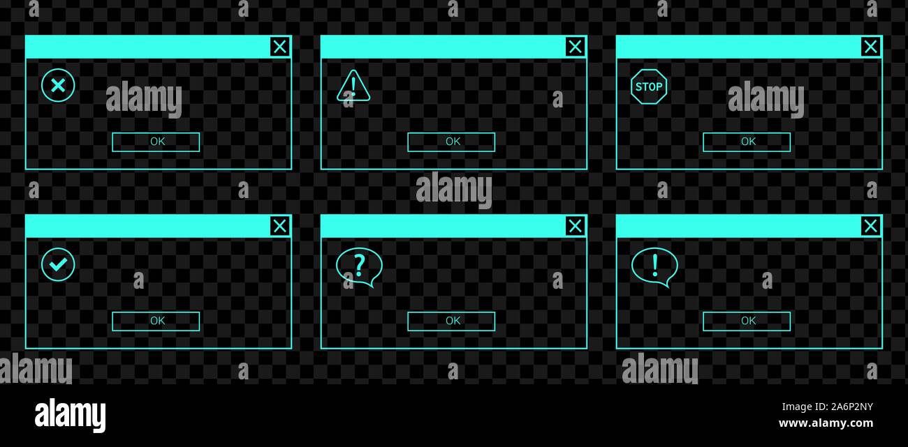 Neon incandescente UI set di messaggi di errore e le finestre di dialogo del sistema Illustrazione Vettoriale