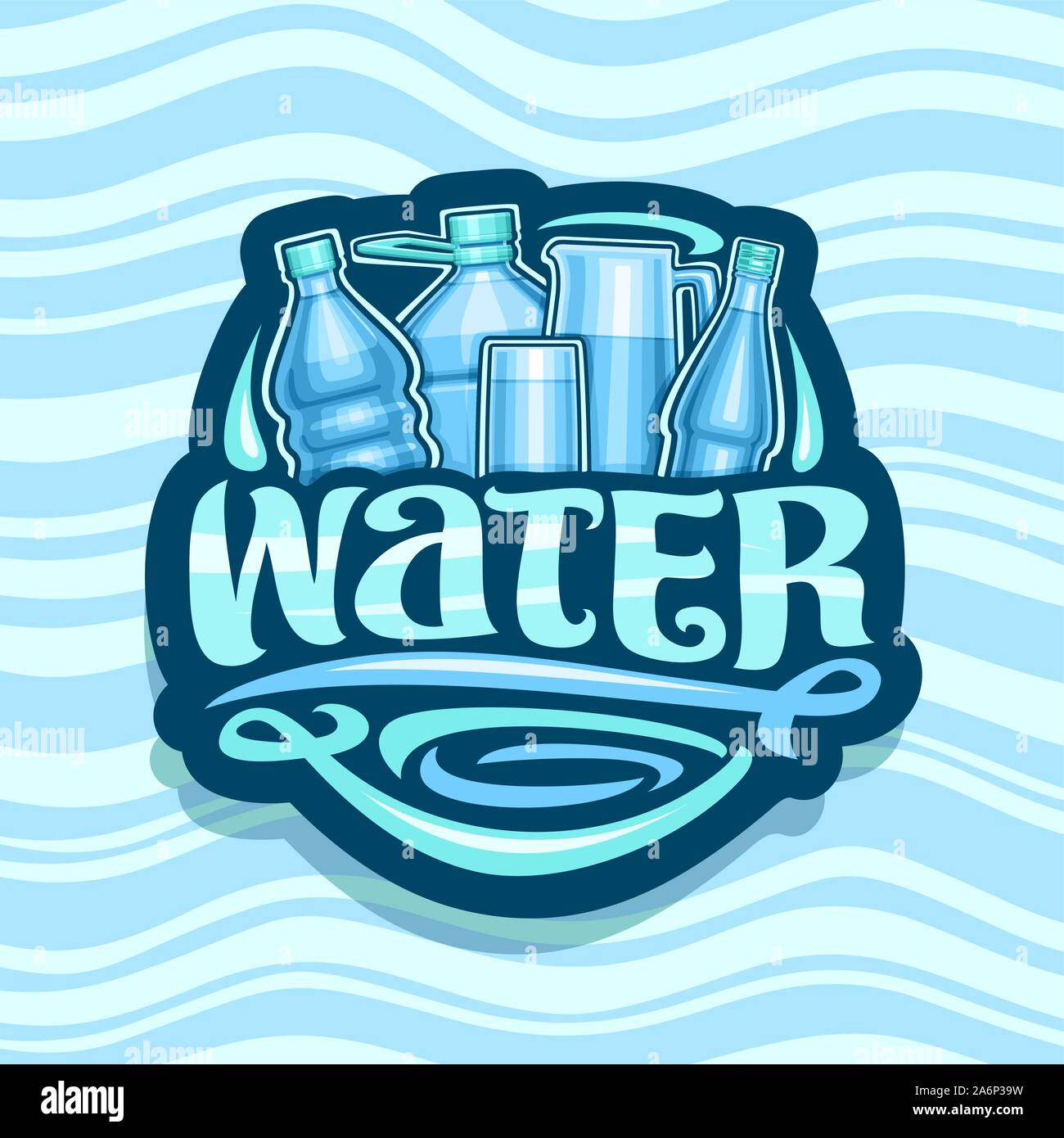 Il logo del vettore per acqua potabile, icona blu con diverse bottiglie di vetro e di plastica, full cup e la brocca trasparente, spazzola originale di scritte per parola Illustrazione Vettoriale