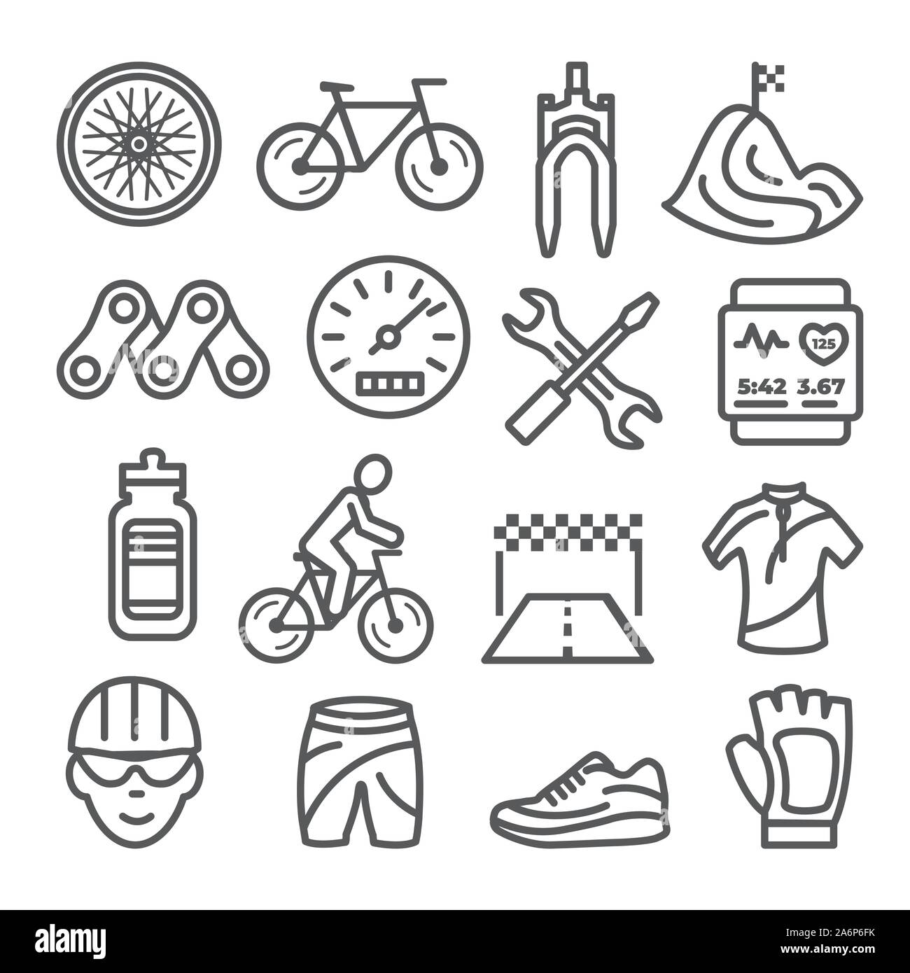 Percorsi in bicicletta le icone della linea impostato su sfondo bianco Illustrazione Vettoriale
