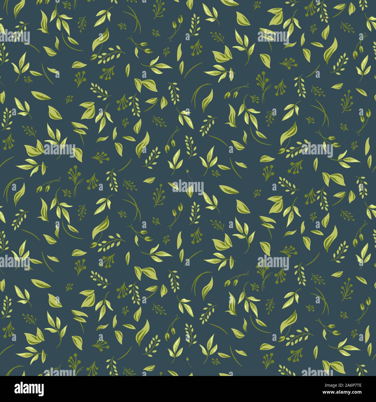Fogliame seamless pattern con piante e foglie. Vettore verde e blu scuro dello sfondo. Illustrazione Vettoriale