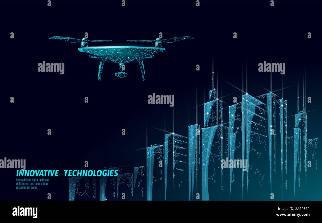 No droni città basso modello di banner poly. Regolazione della consegna del cielo dei veicoli aerei senza equipaggio. Divieto di legge sulla tutela della privacy degli aeromobili. Zona privata Illustrazione Vettoriale