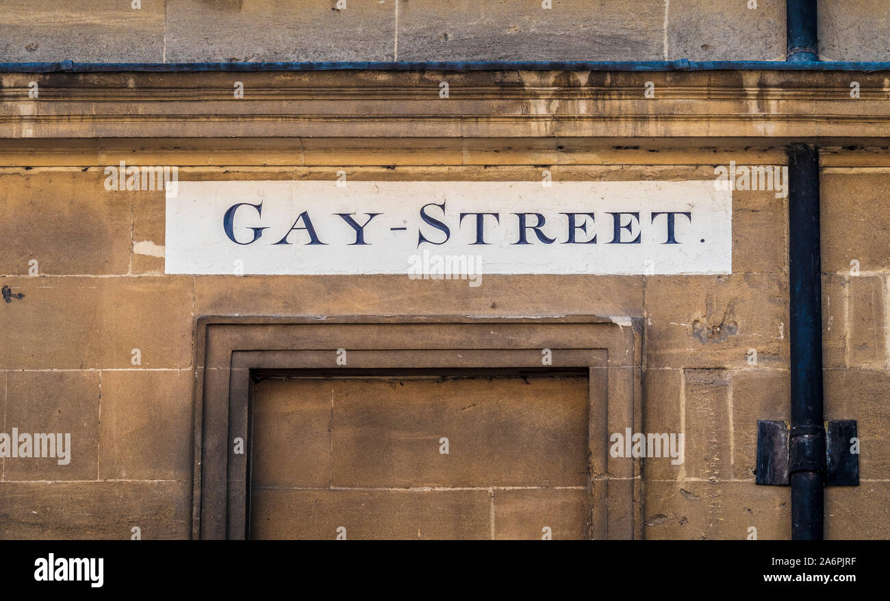 Gay-strada segno, bagno, Somerset, Regno Unito. Foto Stock