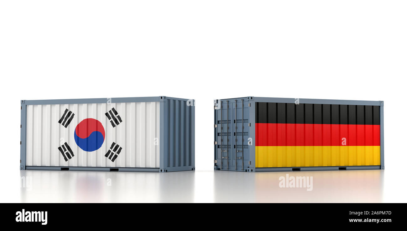 Due container con la Germania e la Corea del Sud bandiera. Il rendering 3D Foto Stock