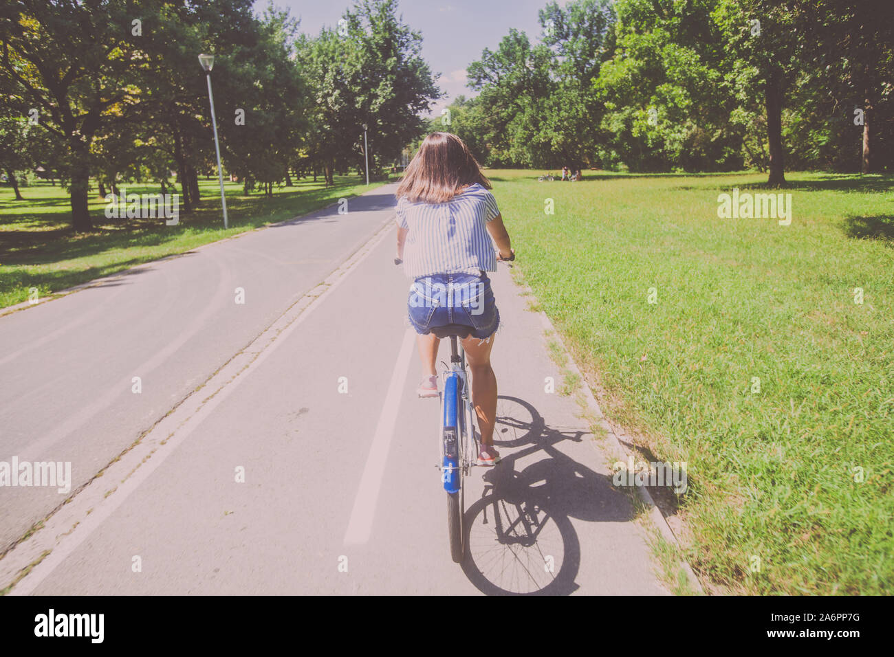 Donna graziosa bicicletta equitazione nel Parco al giorno di estate , i jeans corti , vista posteriore. Foto Stock