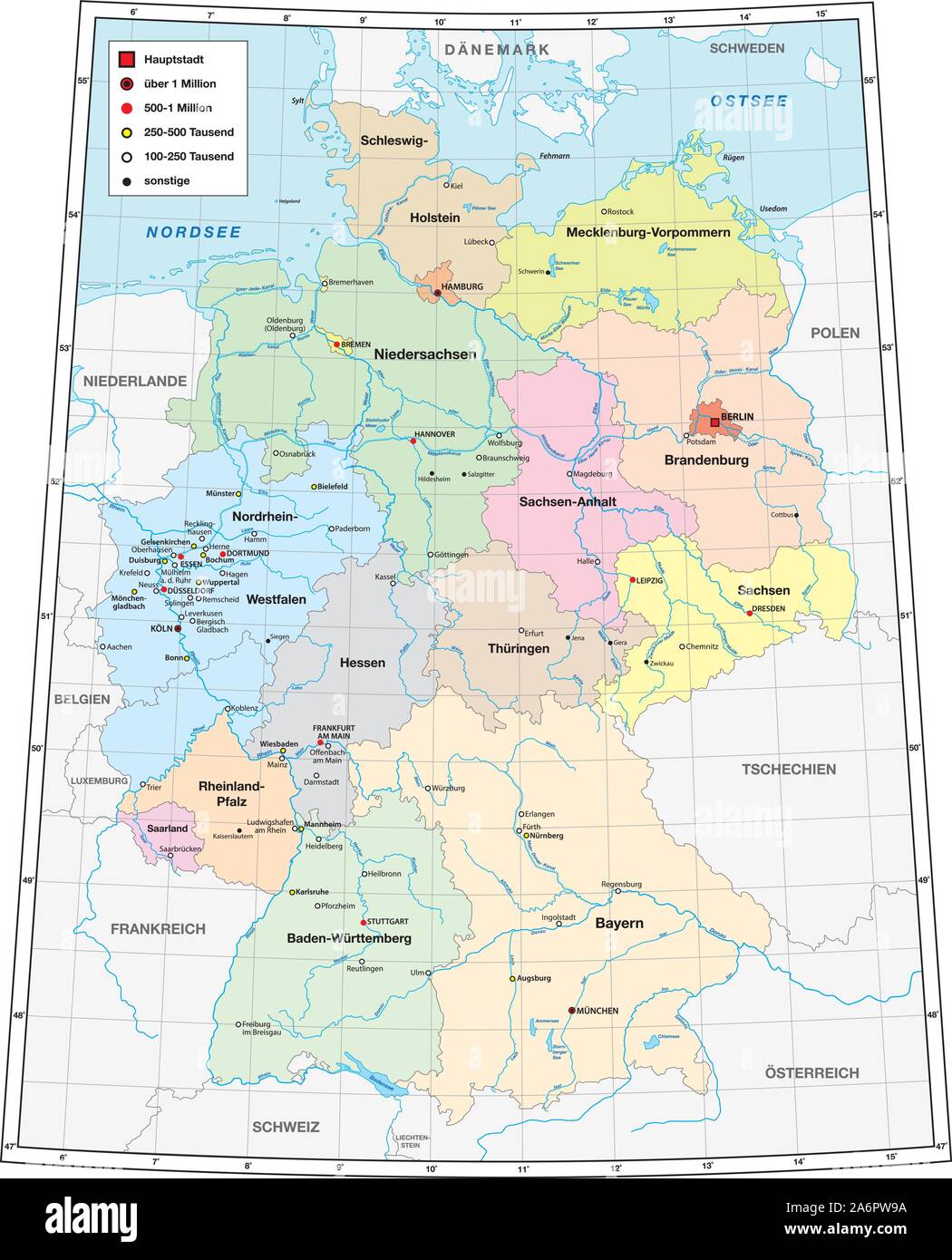 Mappa della Germania con tutte le città con oltre centomila abitanti in lingua tedesca Illustrazione Vettoriale