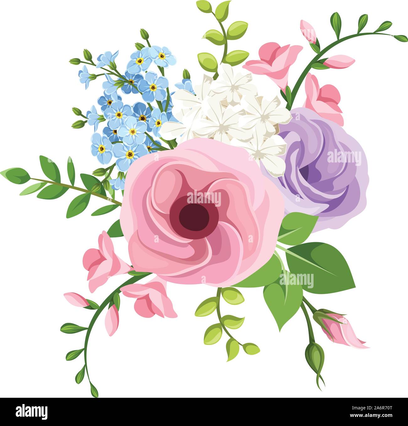 Vector bouquet di rosa, viola, blu e bianco lisianthuses, fresia e  dimenticare-me-non fiori Immagine e Vettoriale - Alamy