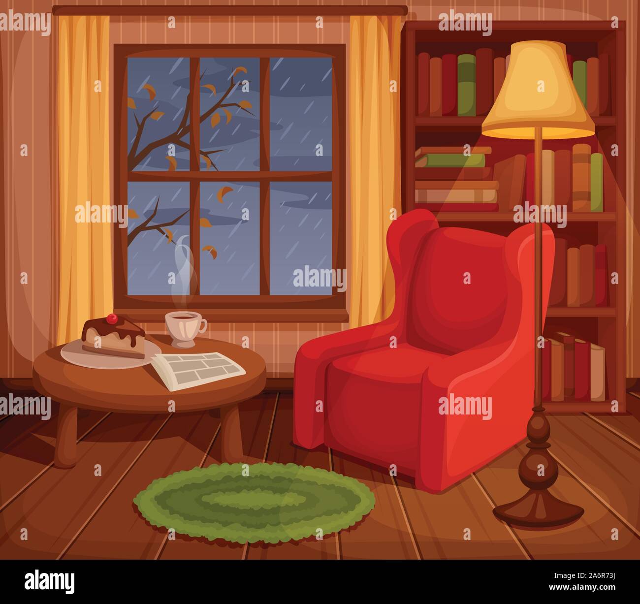 Illustrazione vettoriale di un autunno accogliente soggiorno con poltrona e libreria, la lampada e la pioggia al di fuori della finestra. Illustrazione Vettoriale