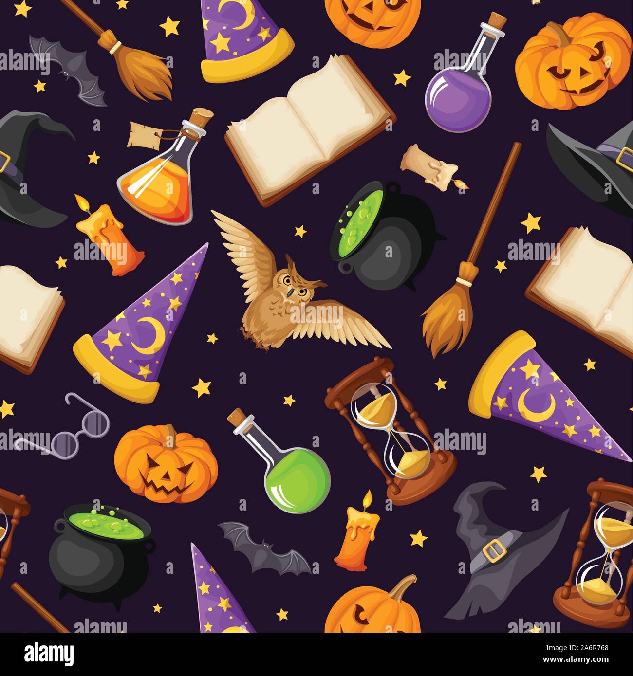 Vector seamless pattern con simboli magici: libri, cauldrons, clessidra, gufi, jack-o-lanterne, pipistrelli, scope, boccette, maghi e streghe cappelli e s Illustrazione Vettoriale