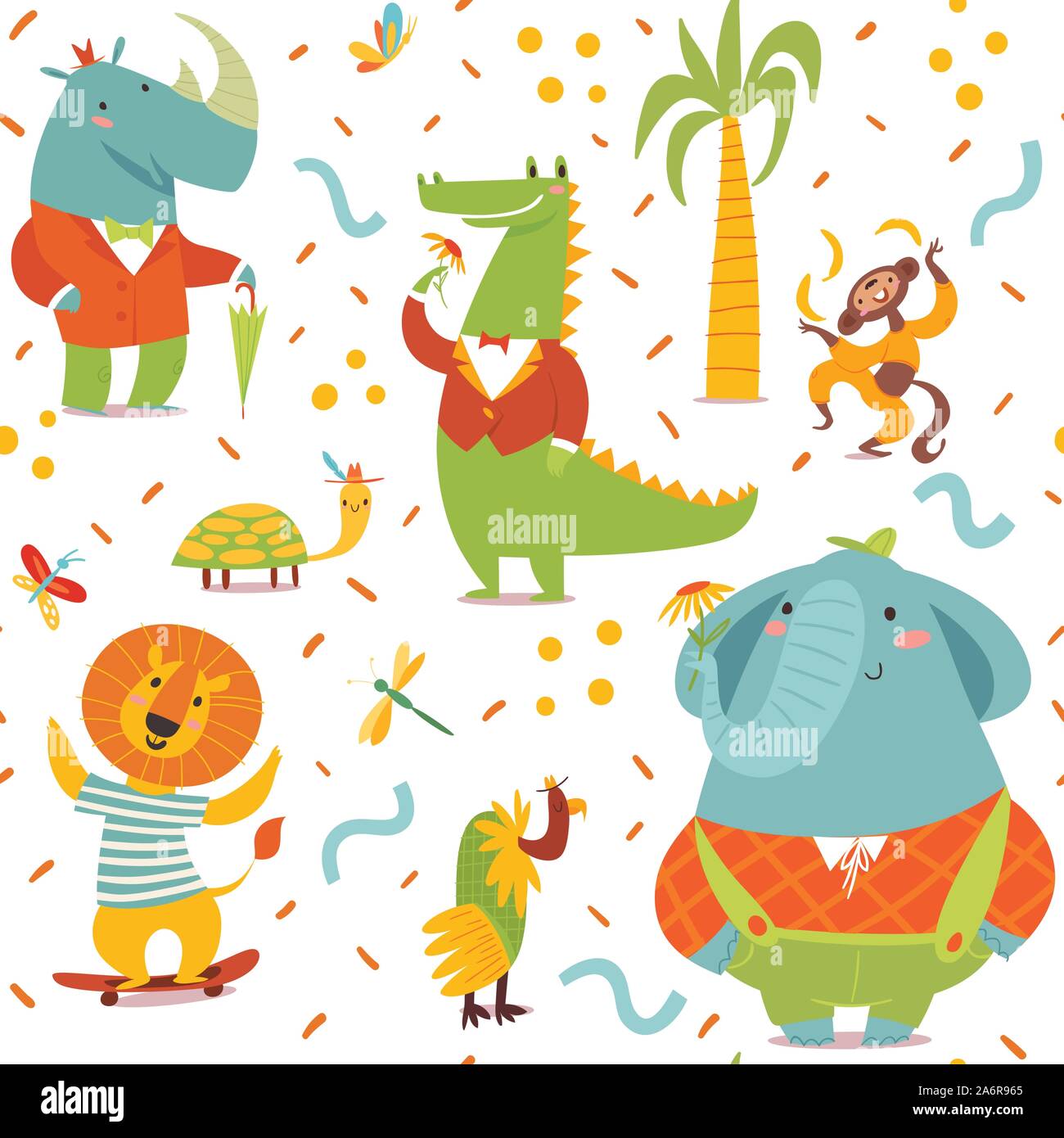 Vector seamless pattern in bambini con stile cartoon Africa animali Illustrazione Vettoriale