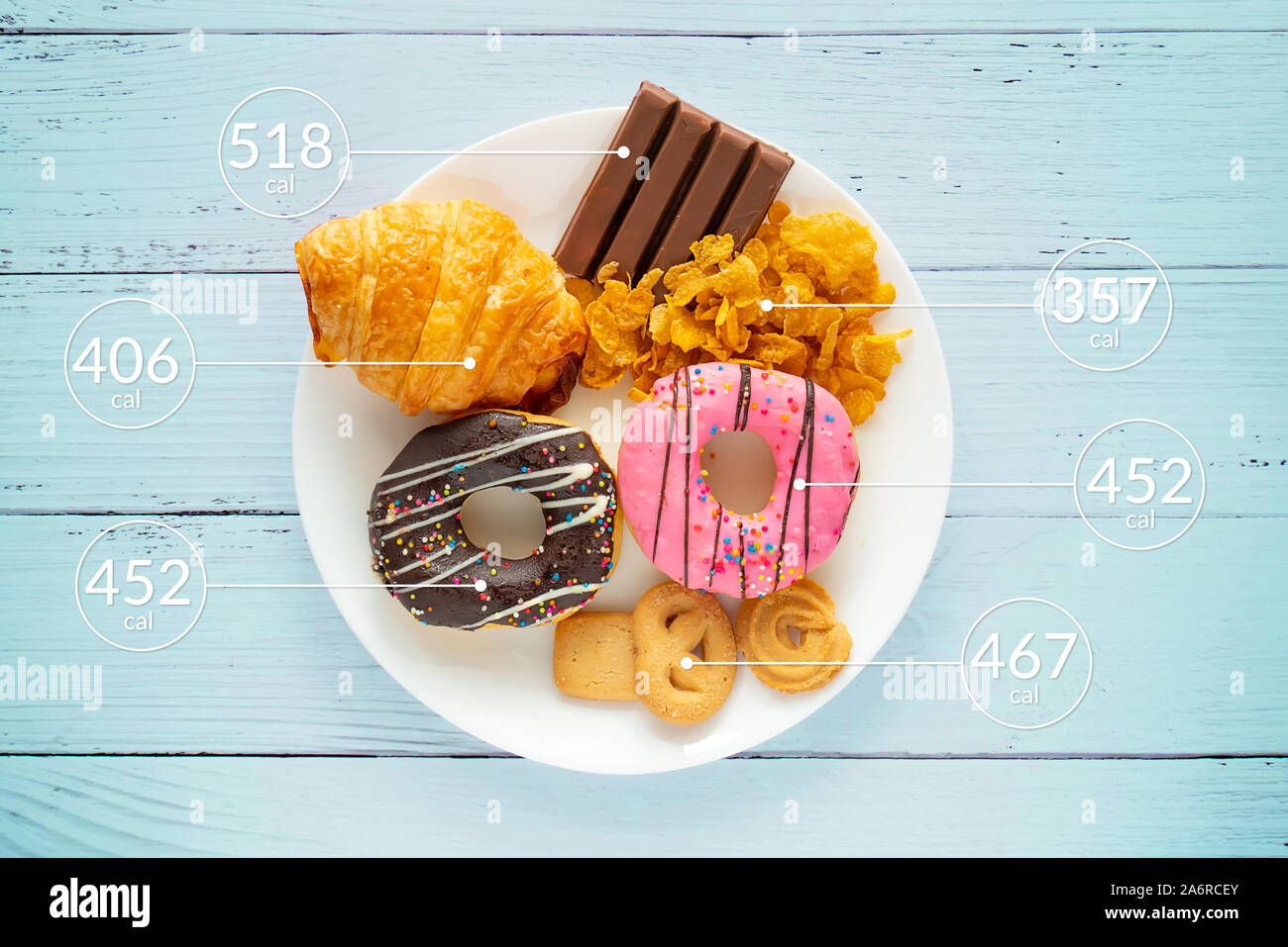 Calorie di conteggio e controllo degli alimenti concetto. ciambella ,croissant ,il cioccolato e i biscotti con etichetta di quantità di calorie per la misurazione di calorie Foto Stock