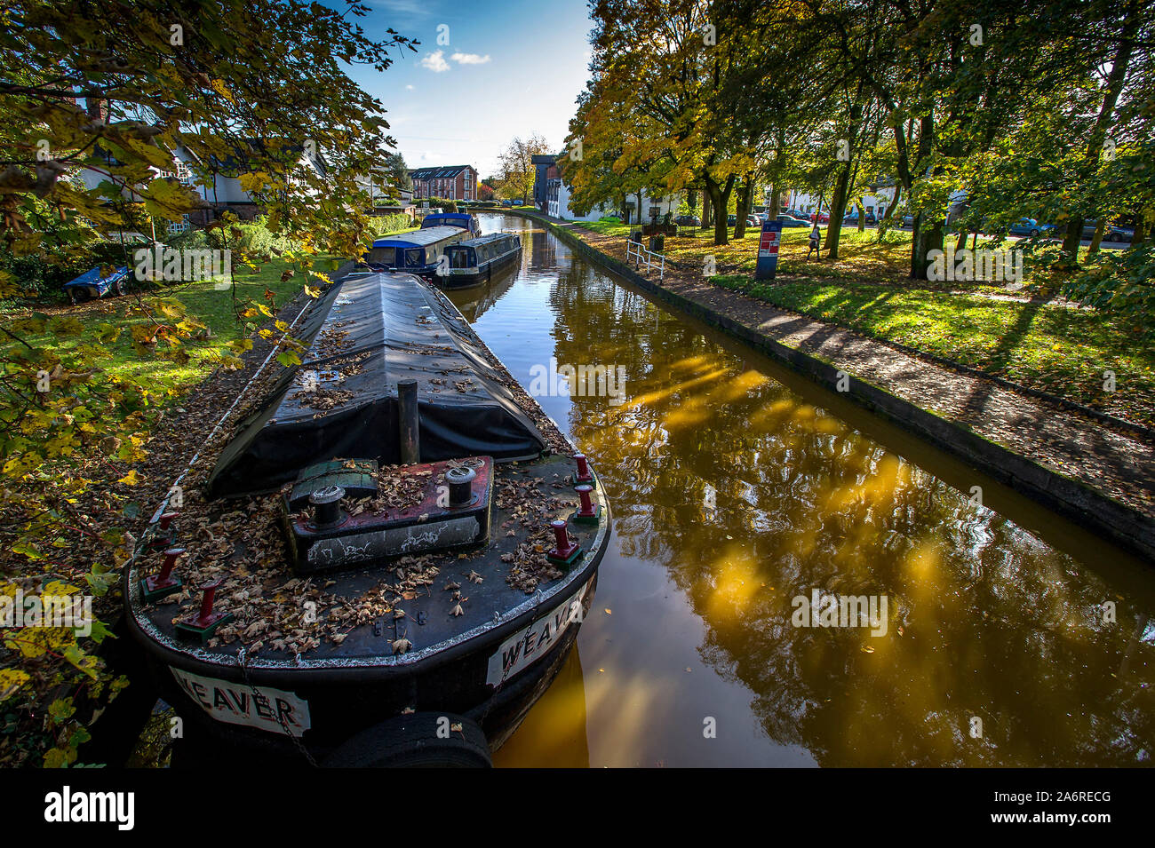 Worsley, Manchester, Regno Unito. 28 ottobre, 2019. Glorioso sole autunnale lungo la Bridgewater Canal a Worsley, Manchester oggi. Barche ormeggiate lungo il canal grande di credito mage Paolo Heyes/Alamy News. Foto Stock