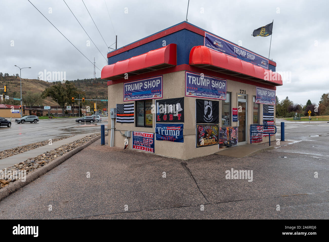 Rapid City, il Dakota del Sud, Stati Uniti d'America - 20 Ottobre 2019: esterne di 'Trump Shop' di vendita di Donald Trump memorabilia Foto Stock