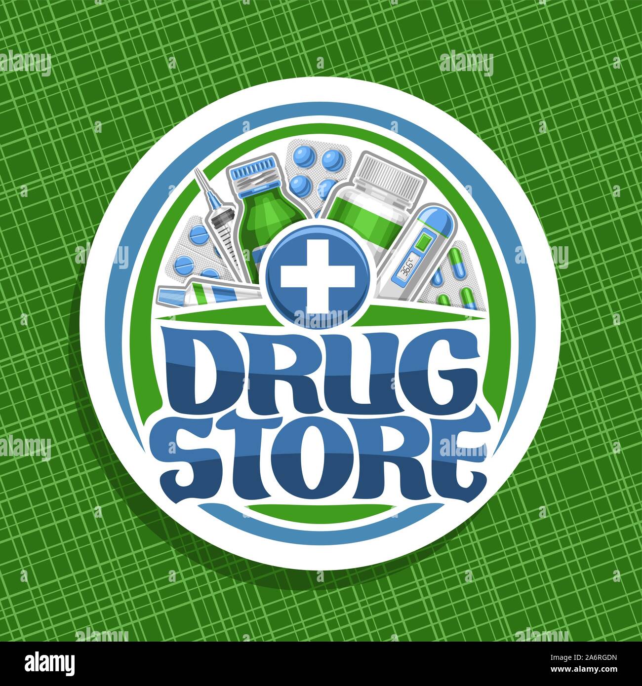 Il logo del vettore per il Drug Store, badge bianco con contenitore verde, il termometro digitale, blu aspirina compresse, forniture mediche, spazzola originale carattere tipografico per Illustrazione Vettoriale