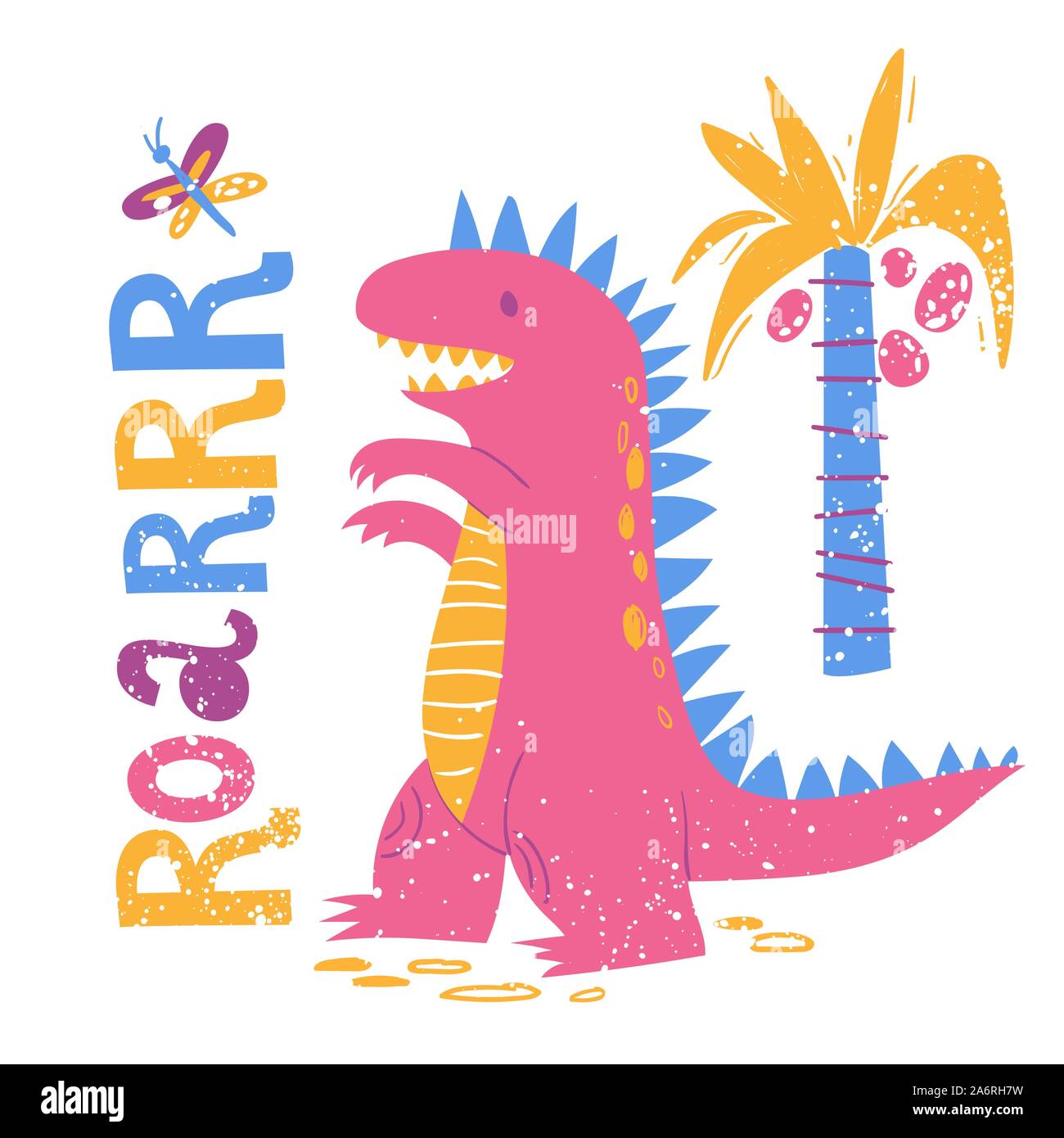 Bambini poster in stile con graziosi Dinosaur Tyrannosaurus Rex e scritte. Illustrazione Vettoriale