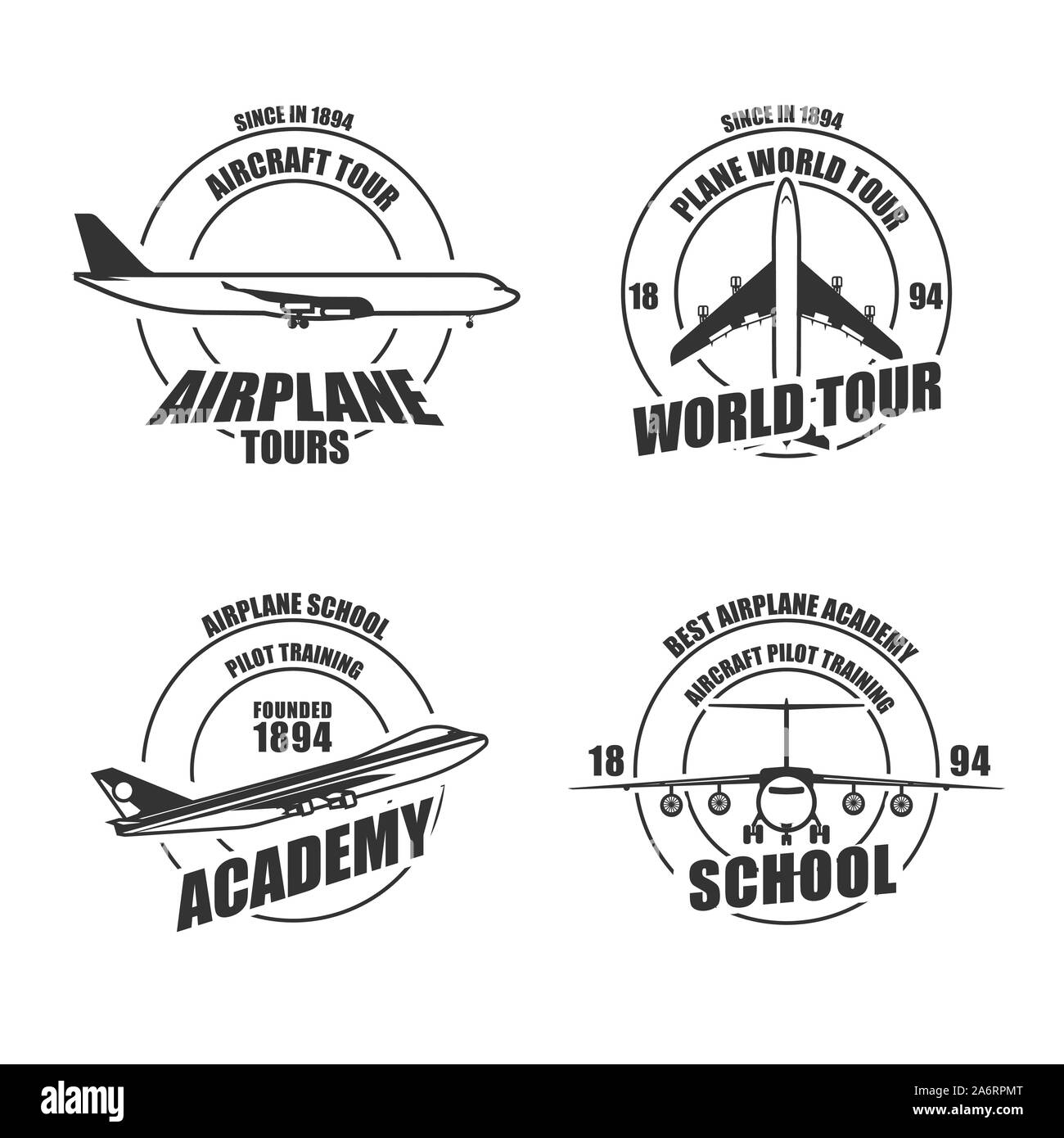 Badge aereo vettore aereo aria illustrazione emblema. Etichetta di aeromobili vintage design simbolo. Il logo di viaggio academy jet insegna retrò. Avventura sticker sc Illustrazione Vettoriale