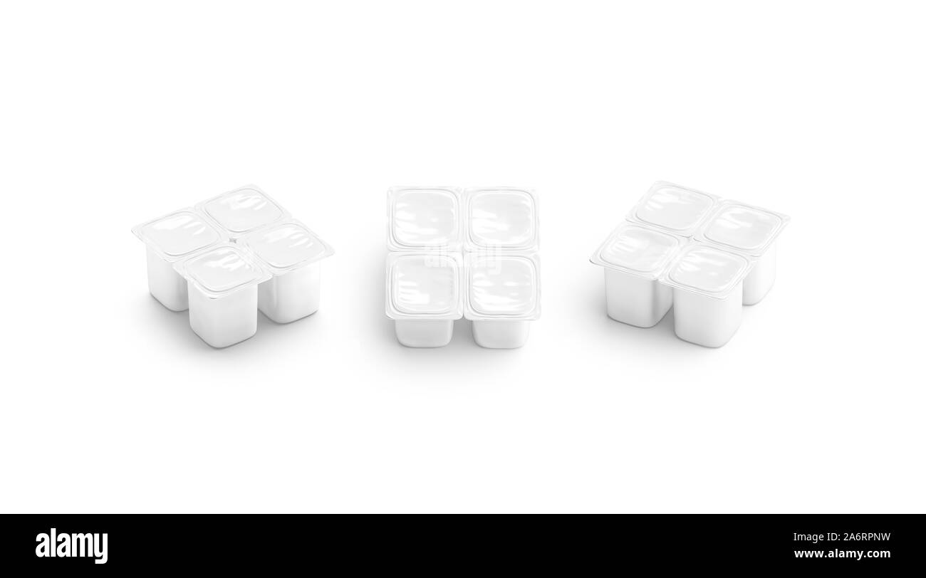 Confezione vuota da 4 confezioni di yogurt bianco, vista diversa Foto Stock Confezione vuota da 4 confezioni di yogurt bianco, vista diversa Foto Stock