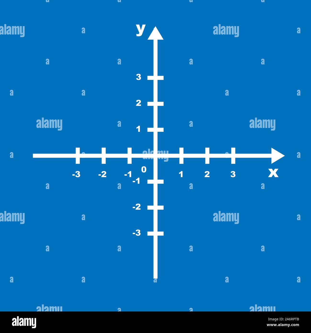 Sistema di coordinate cartesiane piano Asse grafico schema bianco. Grafico dei dati freccia direzione simbolo illustrazione vettore. Matematica funzione plot design Illustrazione Vettoriale