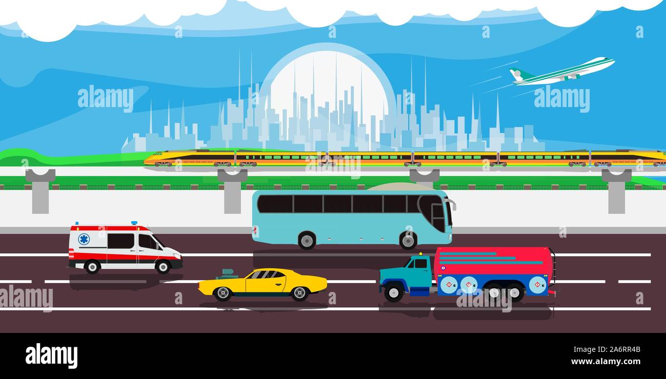 Paesaggio urbano del traffico illustrazione sfondo vettoriale. Strada moderna auto skyline del centro paesaggio cartoon. Appartamento panorama di scena banner. Arte metropol Illustrazione Vettoriale