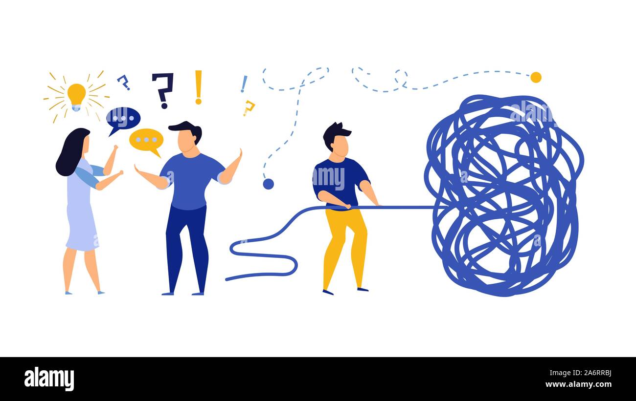 Sfida aziendale realizzazione vettore di avanzamento del lavoro. Intricato groviglio concettuale astratto strategia gioco di squadra di persone illustrazione. Soluzione di clew cura a sfera Illustrazione Vettoriale