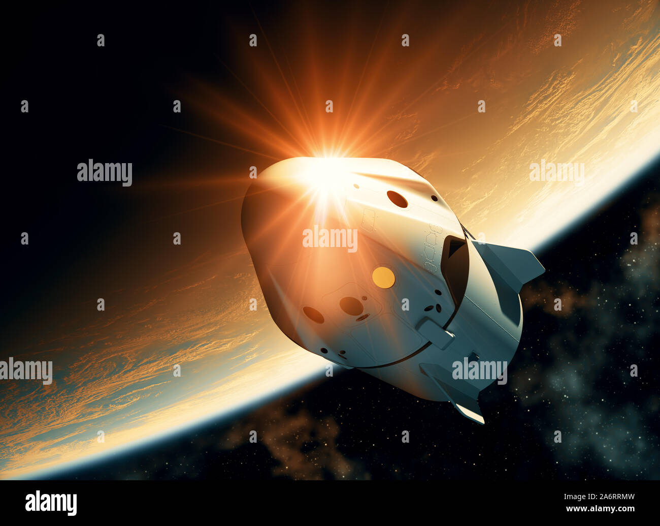 Sun la riflessione sulla superficie di un veicolo spaziale volare nello spazio esterno. 3D'illustrazione. Foto Stock
