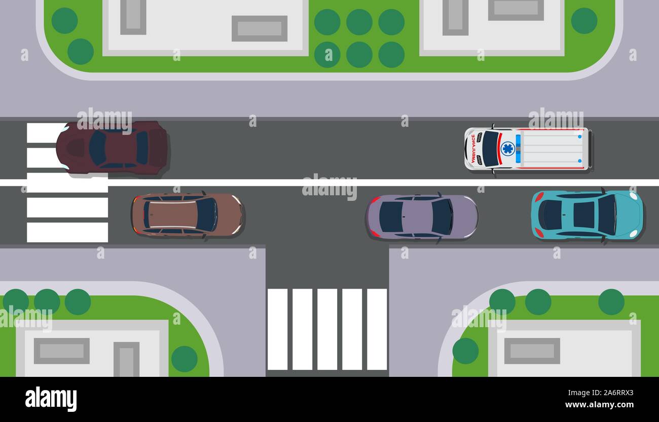 City top visualizza mappa costruzione paesaggio del vettore. Strada con auto, albero, tetto, erba. Il marciapiede piani urbani del traffico pedonale. Autostrada illustrazione città inter Illustrazione Vettoriale
