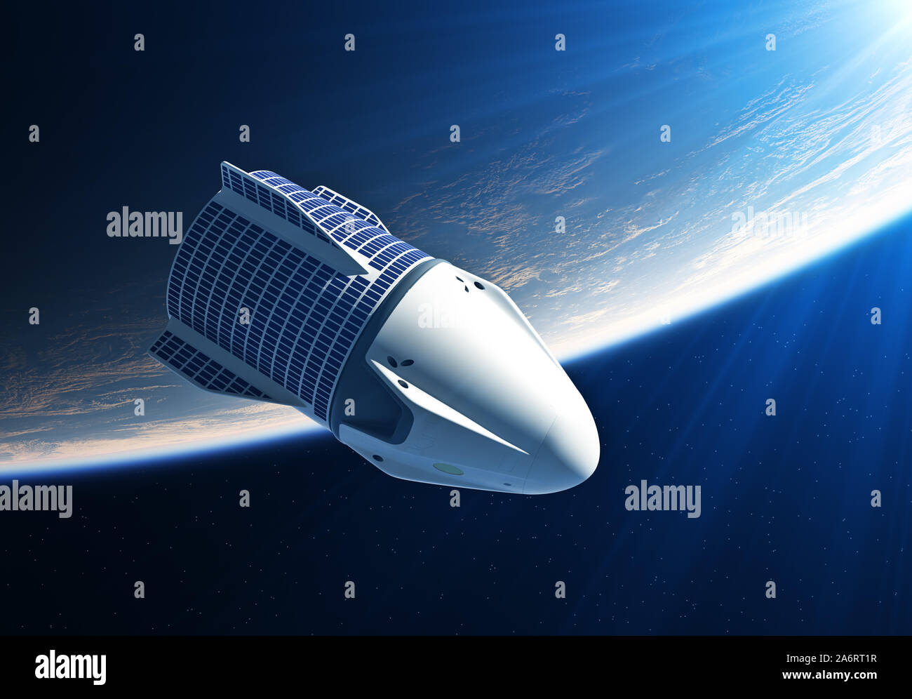 Veicolo spaziale commerciale sotto i raggi del sole blu 3D'illustrazione. Foto Stock