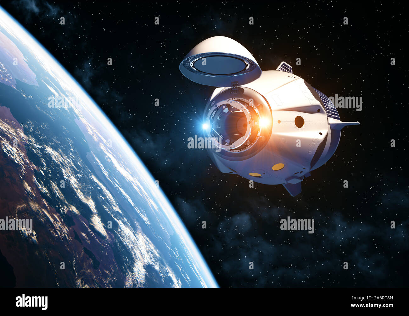 Veicolo spaziale commerciale con Open Docking Hatch in orbita intorno alla terra. 3D'illustrazione. Foto Stock