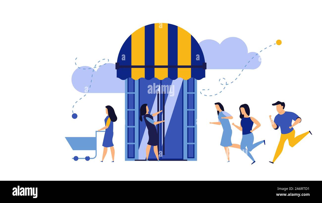 Shop Store offrono un edificio del supermercato illustrazione vettoriale. L uomo e la donna eseguire al mercato retail banner. Sconto vendita speciale promozione aziendale online. Illustrazione Vettoriale