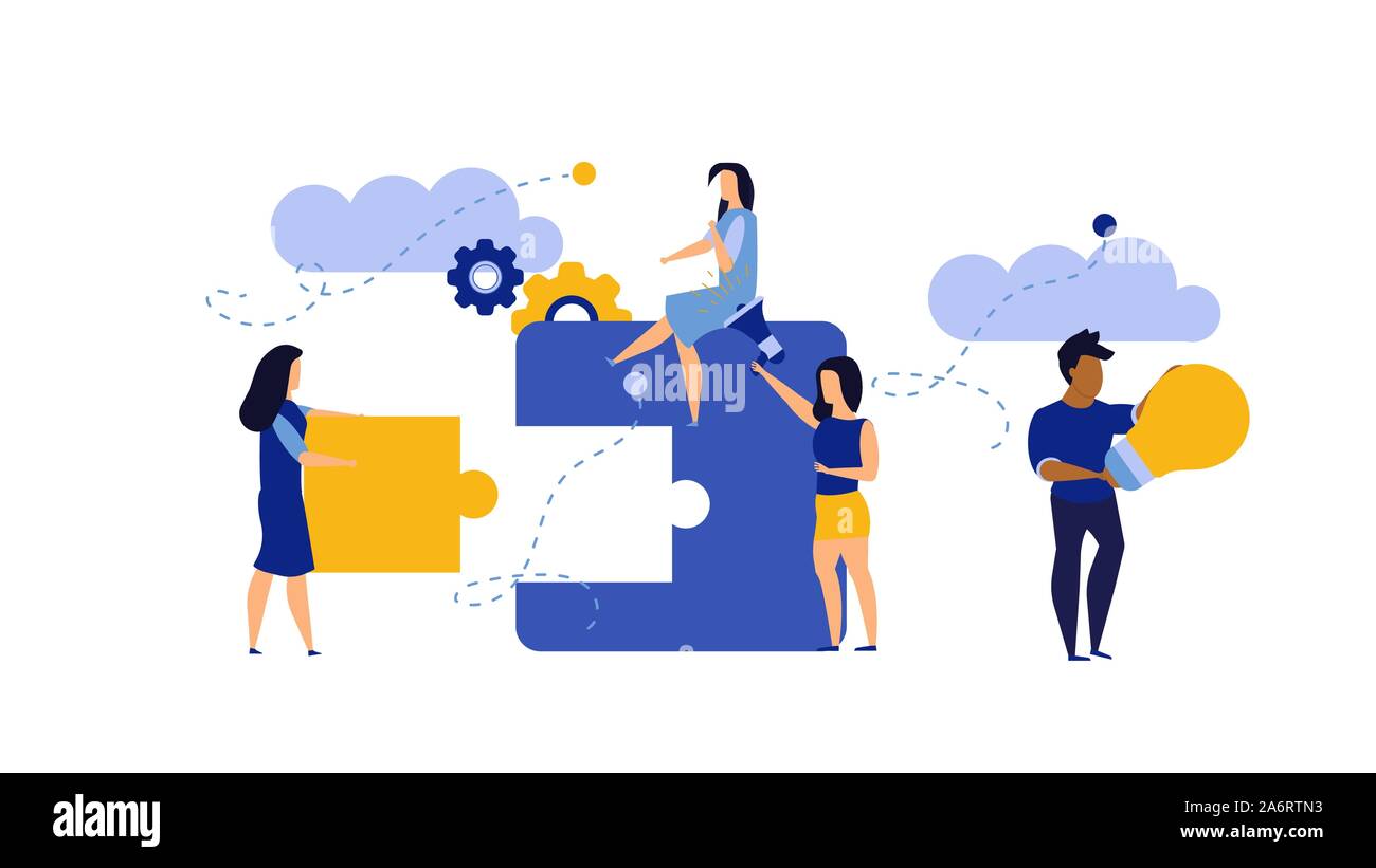 L uomo e la donna creare business puzzle concetto vettoriale illustrazione lavoro. Concetto pezzo idea teamwork jigsaw design. Soluzione sfida di cooperazione conne Illustrazione Vettoriale