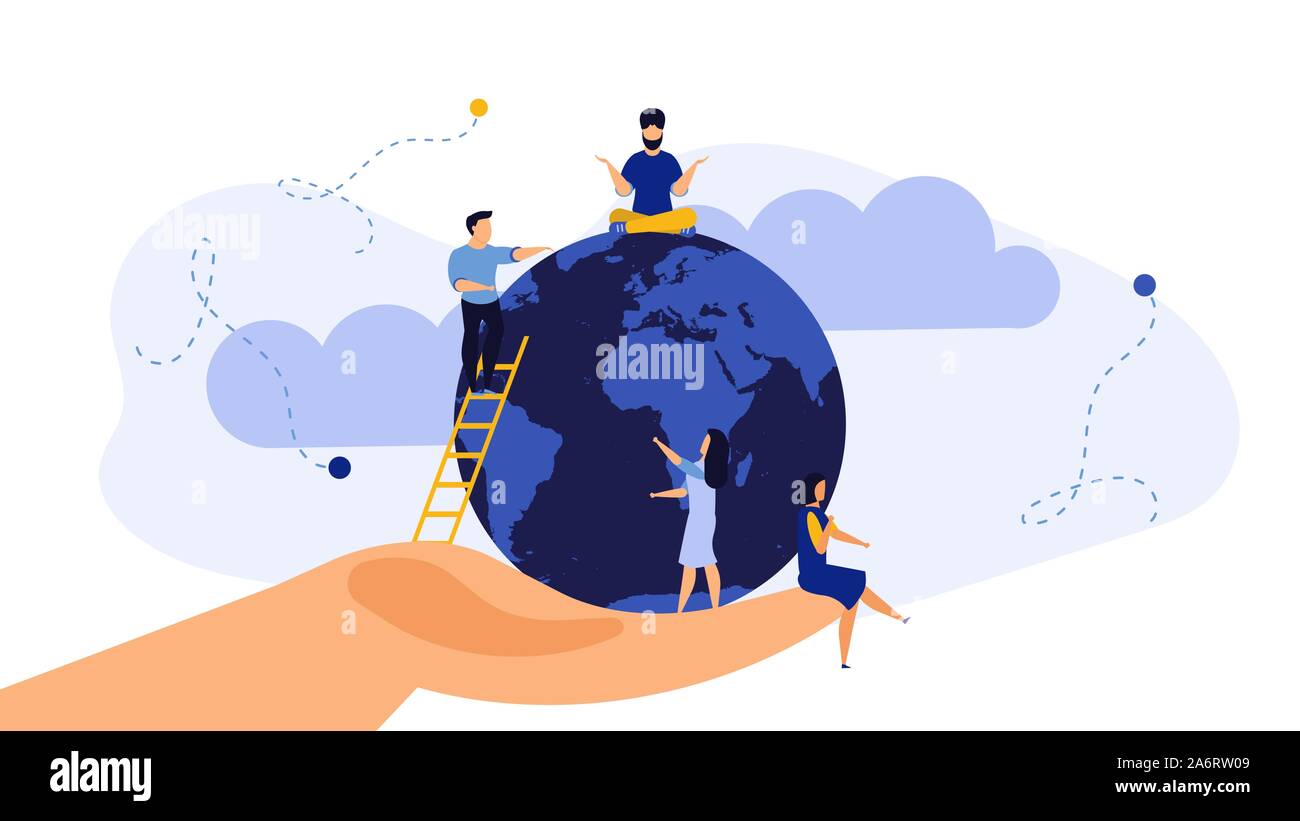 Mano salva mondo globo terrestre illustrazione vettoriale il concetto di ambiente. Garbage pianeta ecologia sfondo. Eco natura della conservazione ambientale globale r Illustrazione Vettoriale