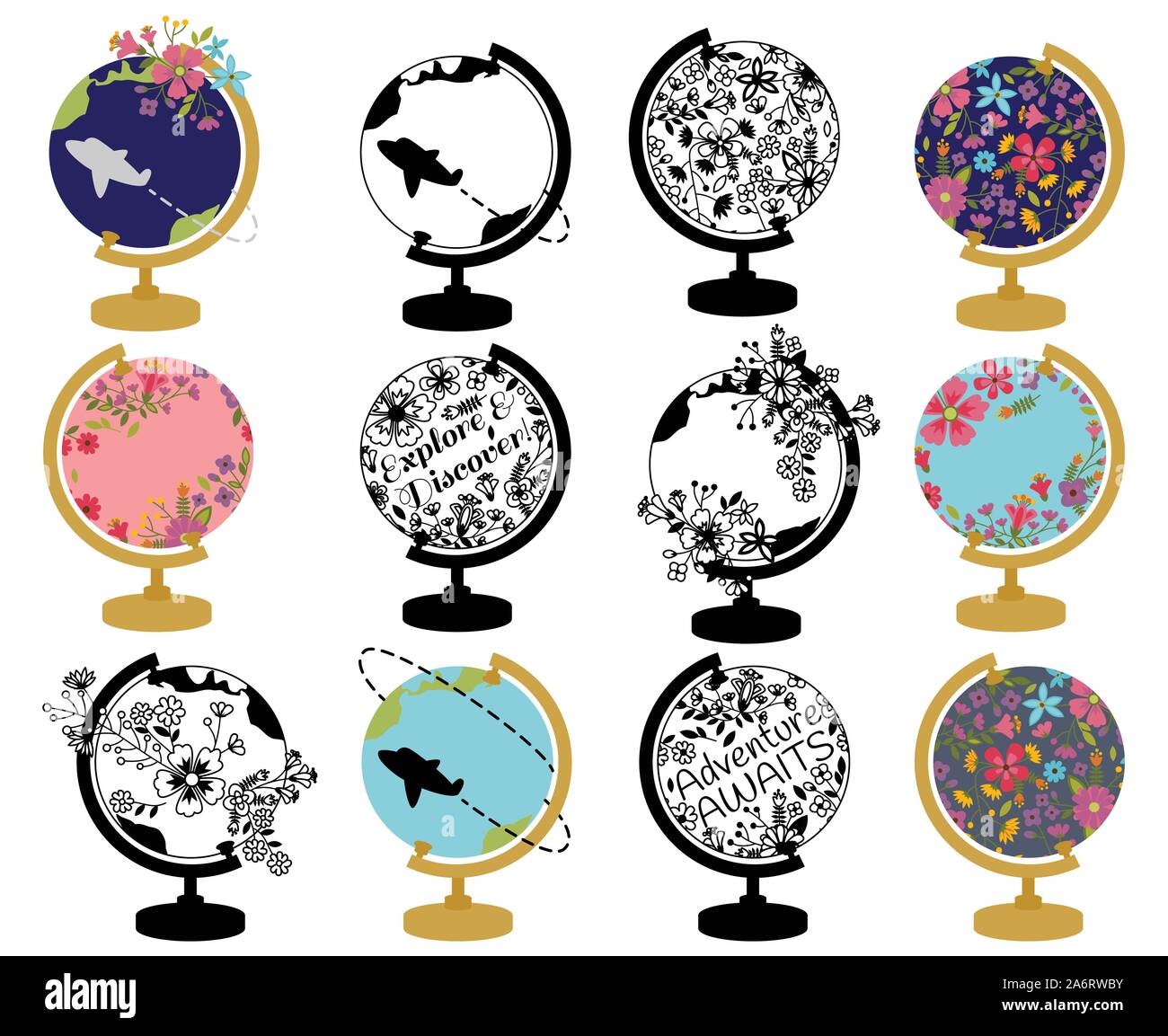 Set di vettore del globo Vintage con retro e temi floreali Illustrazione Vettoriale