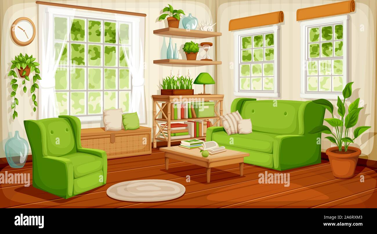 Interno Vector accogliente soggiorno con grandi finestre, divano, poltrona e piante domestiche. Illustrazione Vettoriale