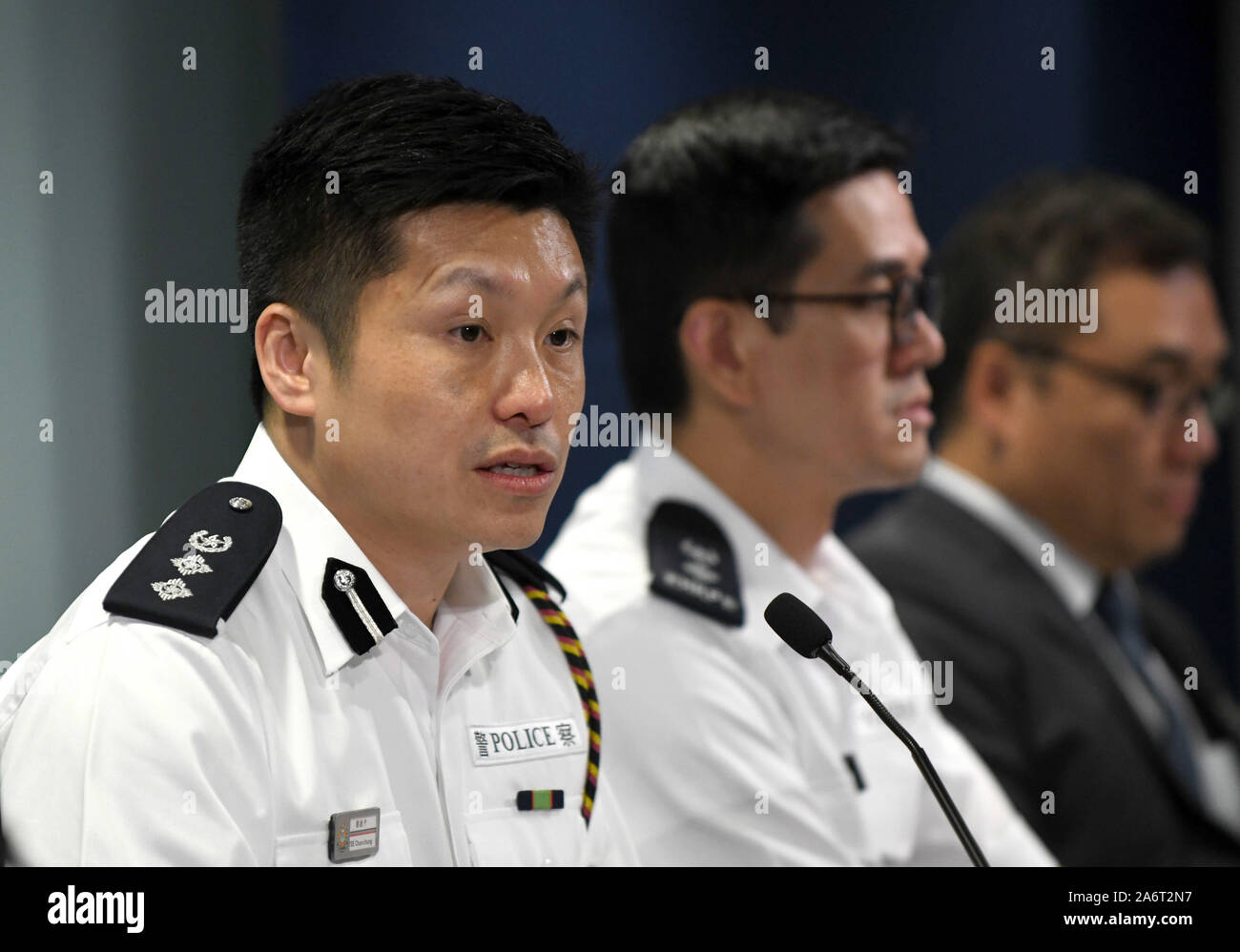 Hong Kong Cina Hong Kong. 28 ott 2019. Tse Chun-chung, Sovrintendente Capo della Polizia di pubbliche relazioni, ramo parla in una conferenza stampa nel sud della Cina di Hong Kong, 28 ottobre 2019. La polizia di Hong Kong ha hanno arrestato 206 persone coinvolte in incidenti violenti durante la scorsa settimana la polizia ha detto che qui il lunedì. Credito: Lu Hanxin/Xinhua/Alamy Live News Foto Stock