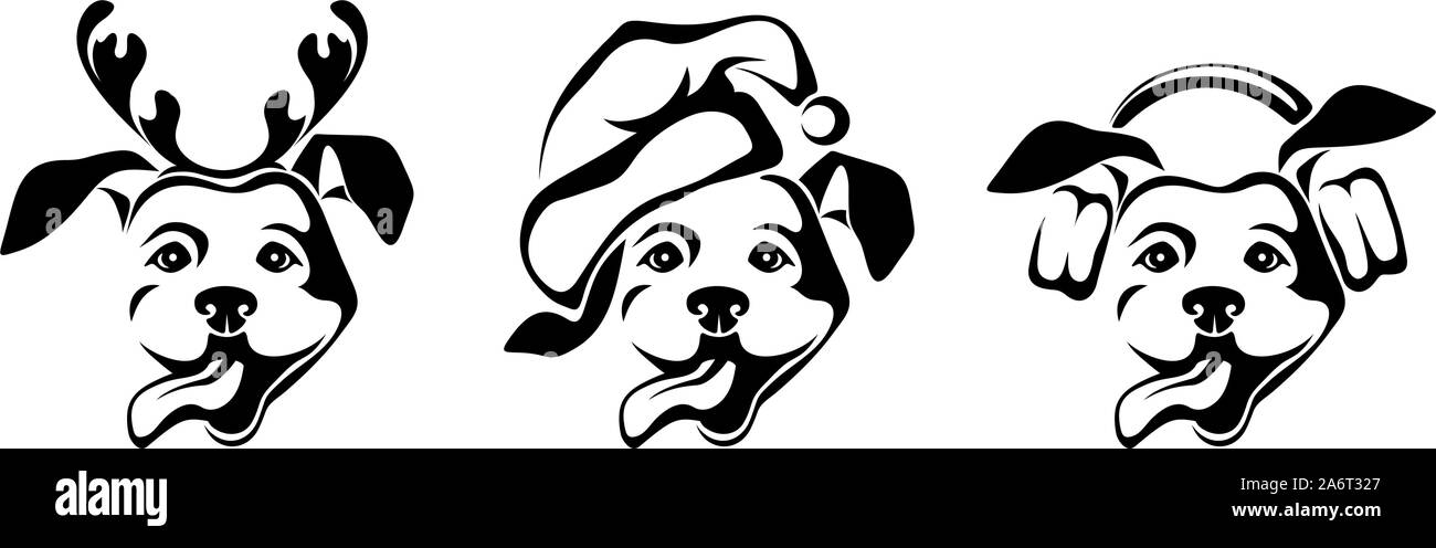 Vettore silhouette nera di cani con cappello a Natale, corna di renne e cuffie. Illustrazione Vettoriale