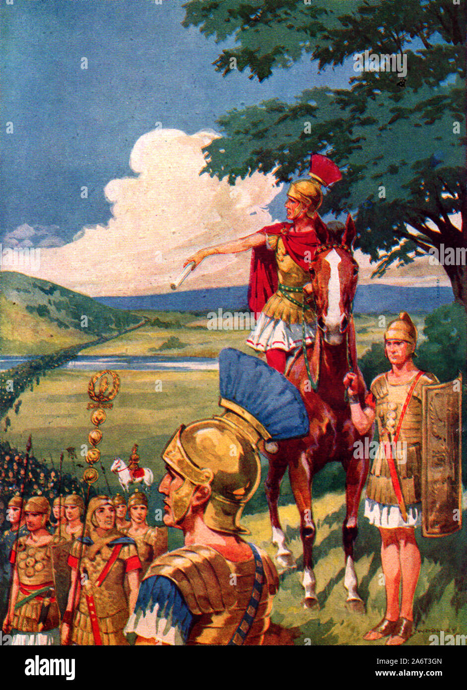 Circa quaranta illustrazione colorata che mostra Giulio Cesare esercito attraversando il fiume Rubicone su gennaio 49 BC precipitare il romano guerra civile Foto Stock