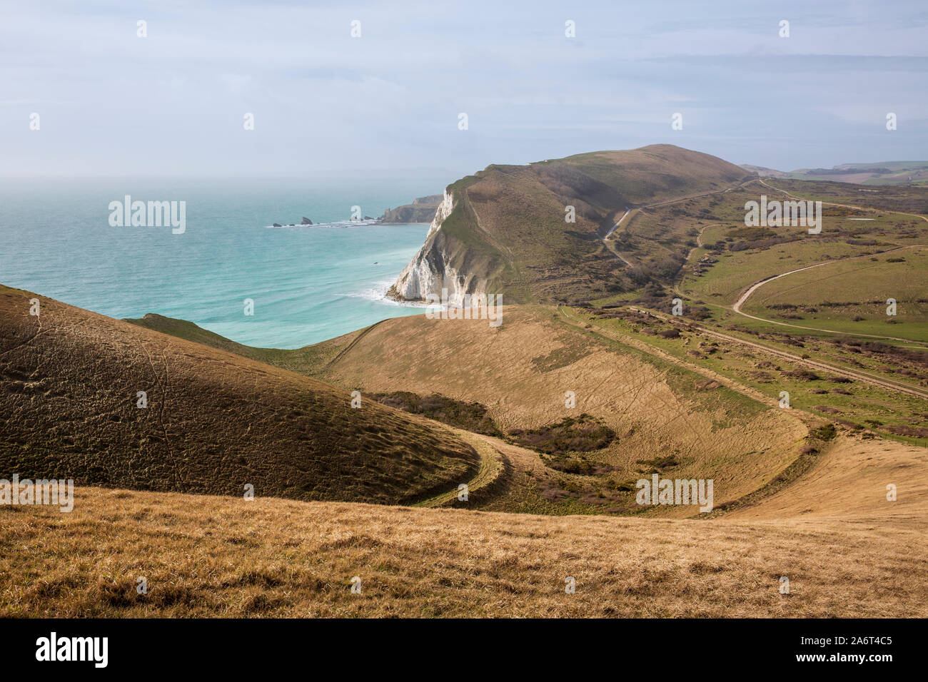 Paesaggio ondulato attorno Worbarrow Bay sulla costa Jurassic nel Dorset, Inghilterra. Foto Stock
