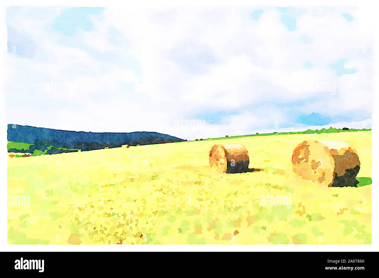 Arte digitale pittura - paesaggio agricolo del idilliaco campo di fattoria con balle di fieno in una giornata di sole (effetto acquerello). Foto Stock