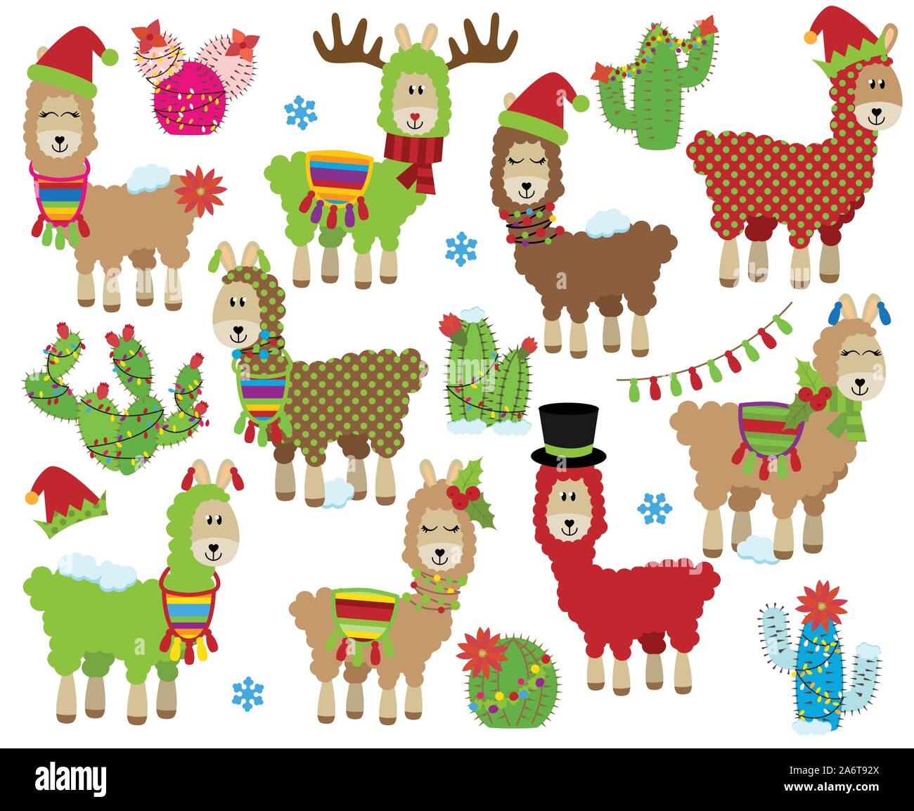 Vettore Collezione di graziosi Natale o vacanze invernali llama a tema Illustrazione Vettoriale