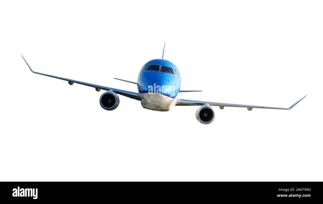 Vista frontale di una generica moderno aereo passeggeri isolato su uno sfondo bianco. Foto Stock