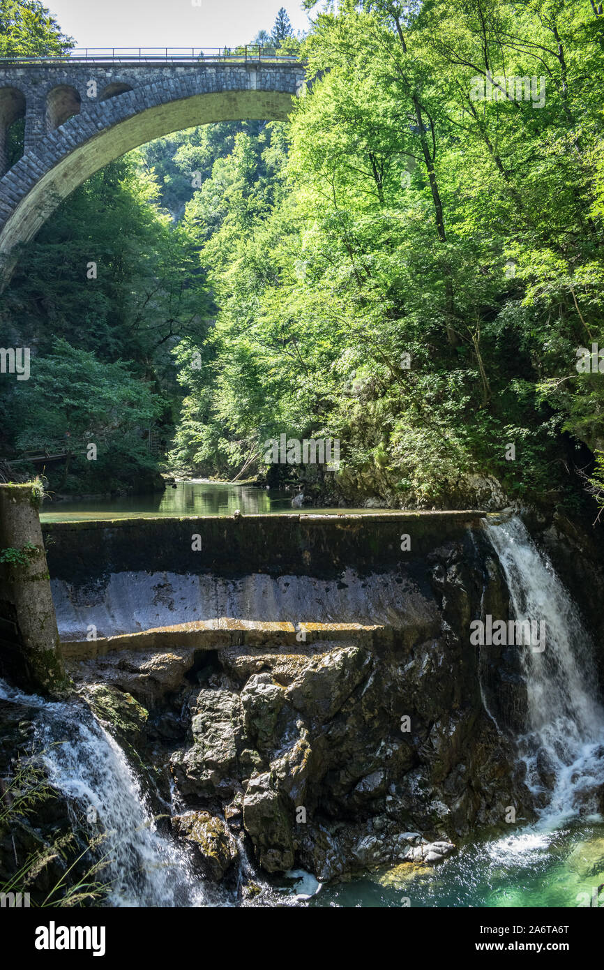 Ponte e lo streaming di acqua vicino alla diga in gola Gorge, vicino alla città di Bled, Slovenia Foto Stock