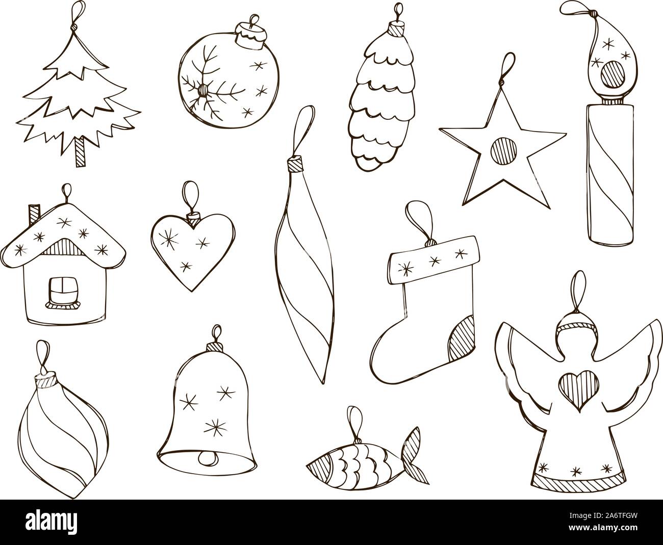Vettore disegnati a mano le illustrazioni per il nuovo anno design. Set di giocattoli di Natale in stile doodle isolato su uno sfondo bianco. Monocromatico decora natale Illustrazione Vettoriale
