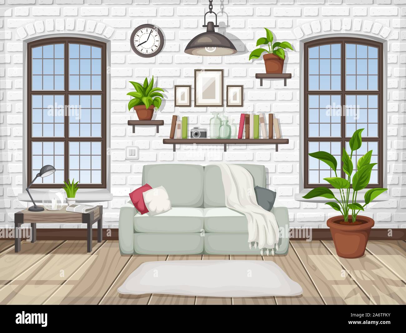 Vector loft soggiorno interno con un bianco muro di mattoni e grandi finestre. Illustrazione Vettoriale
