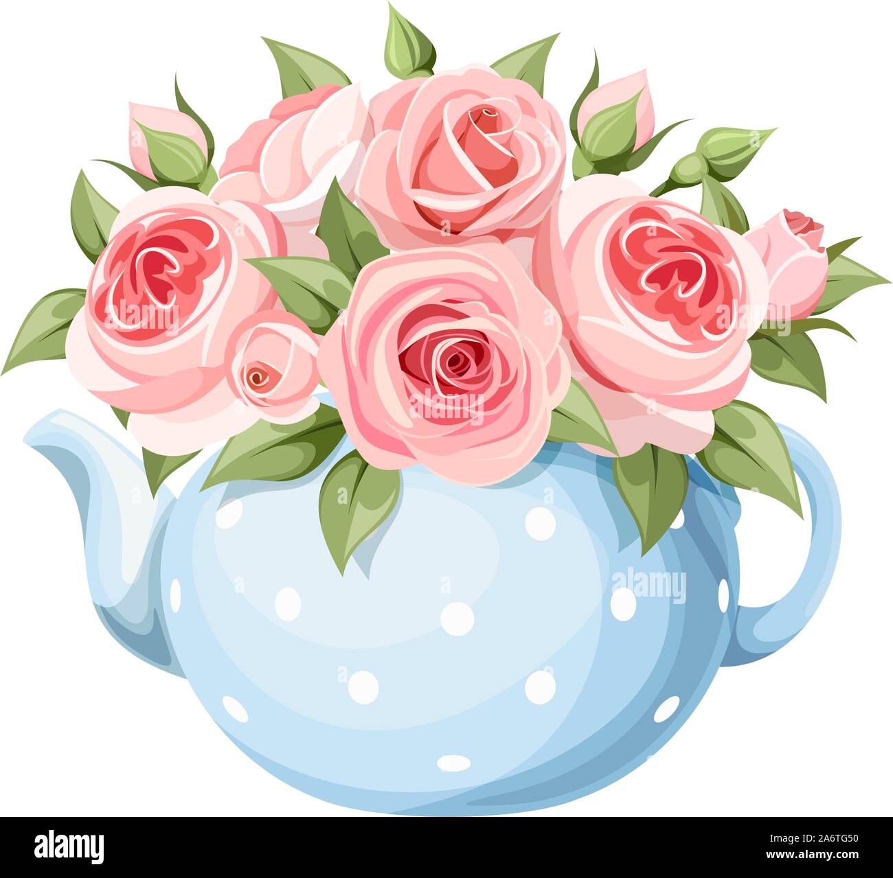 Bouquet di vettore di Rosa Rose Inglesi in una teiera blu isolato su uno sfondo bianco. Illustrazione Vettoriale