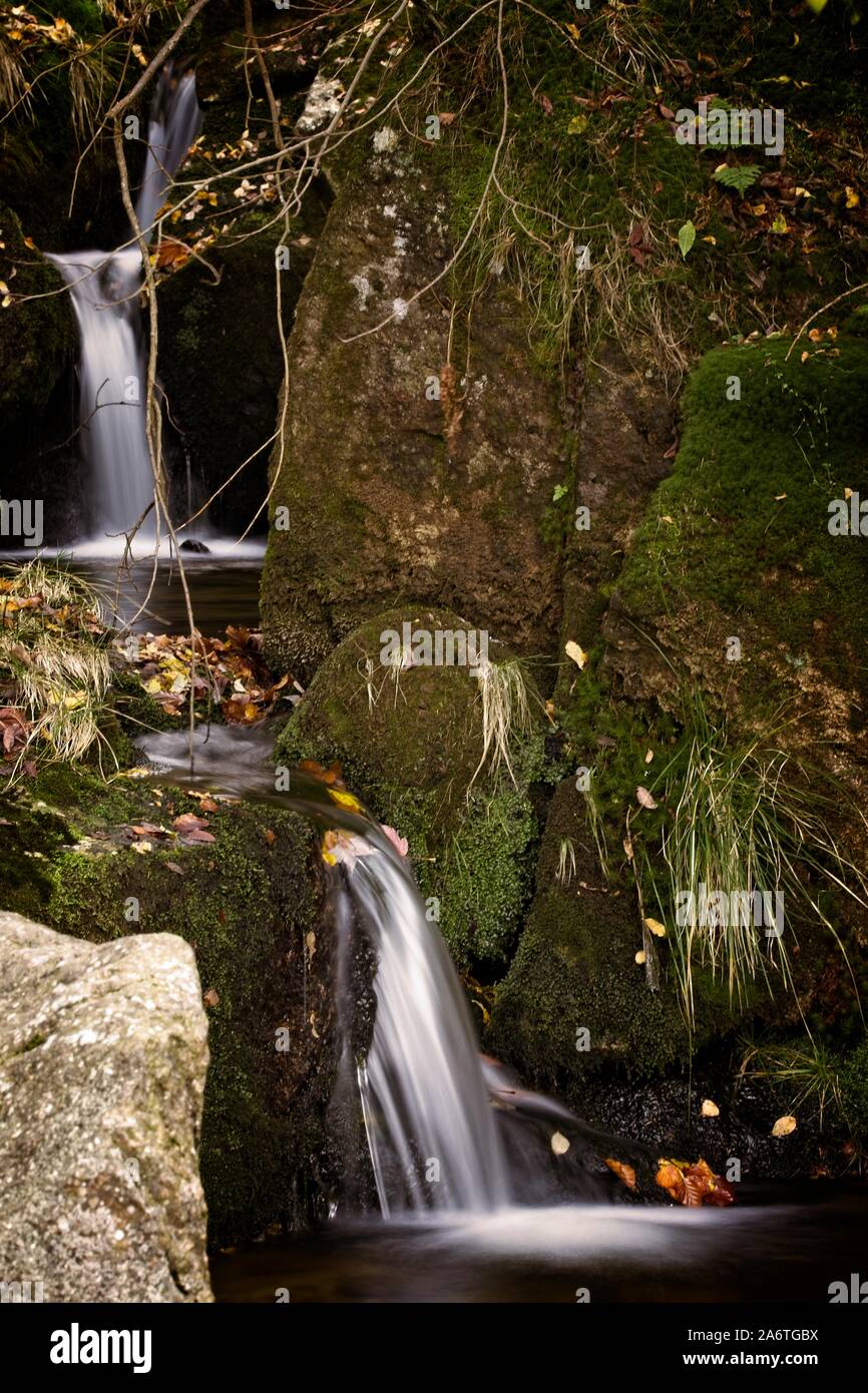 Autunno lunga esposizione del Creek e nero (grande) Stolpich cascate in Jizera Mountain. L'acqua cade in un profondo canyon di foresta piena di pietre di granito Foto Stock